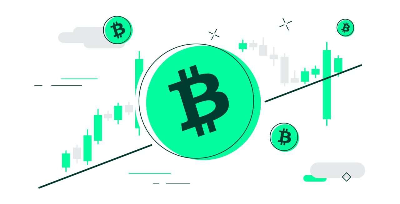 Illustration of a Bitcoin beside rising market candles